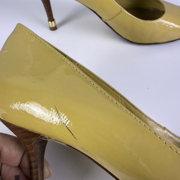 Tory Burch Womens Pumps Heels Yellow Peep Toe Patent Leather Stiletto Shoes 7M - Picture 7 of 14